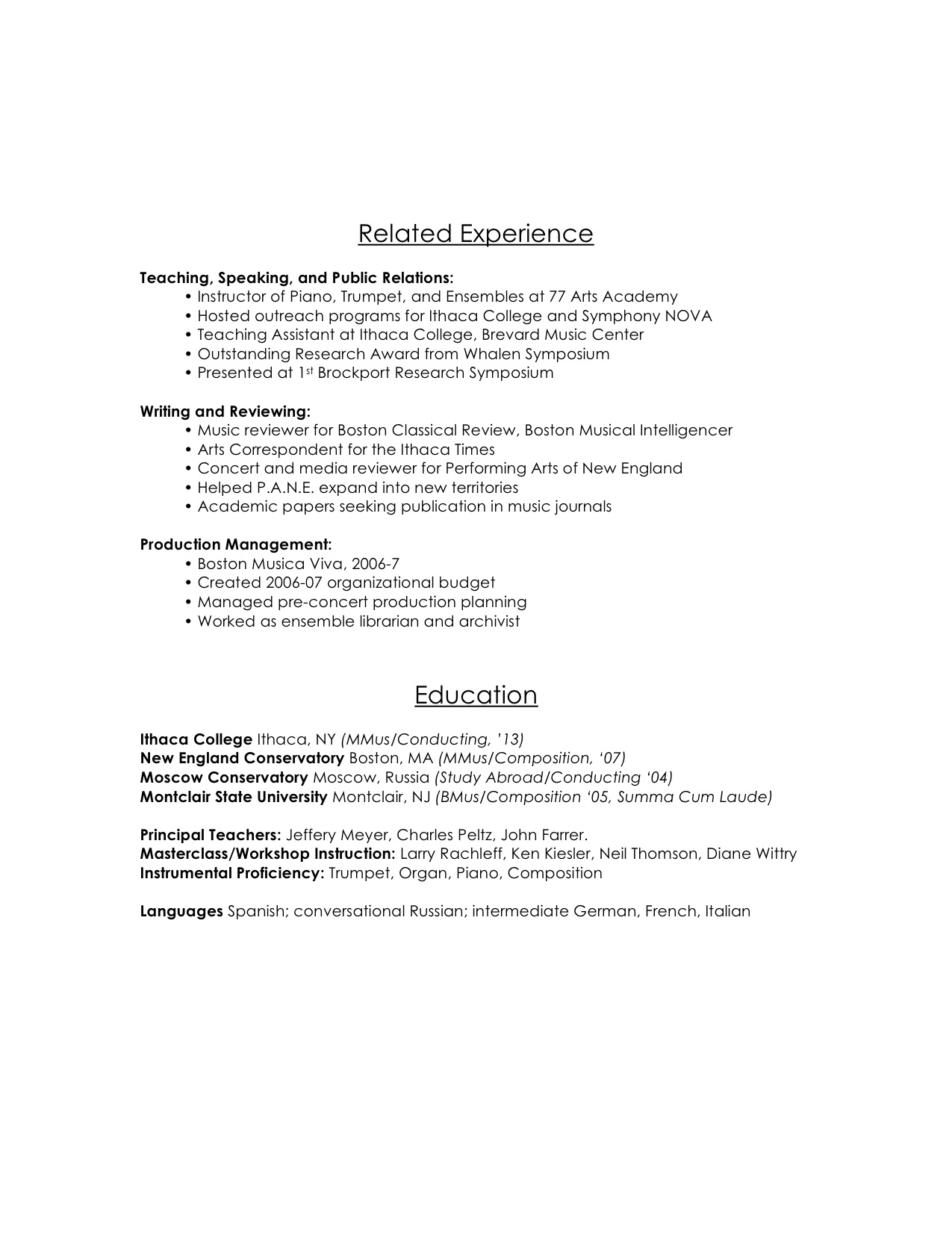 New england conservatory artistic resume